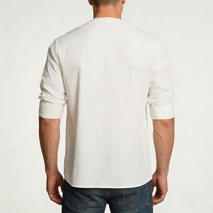 Camicia da uomo retrò con colletto Henry, traspirante e tinta unita. - image 3