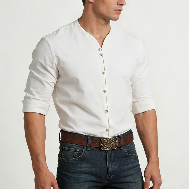 Camicia da uomo retrò con colletto Henry, traspirante e tinta unita. - image 1