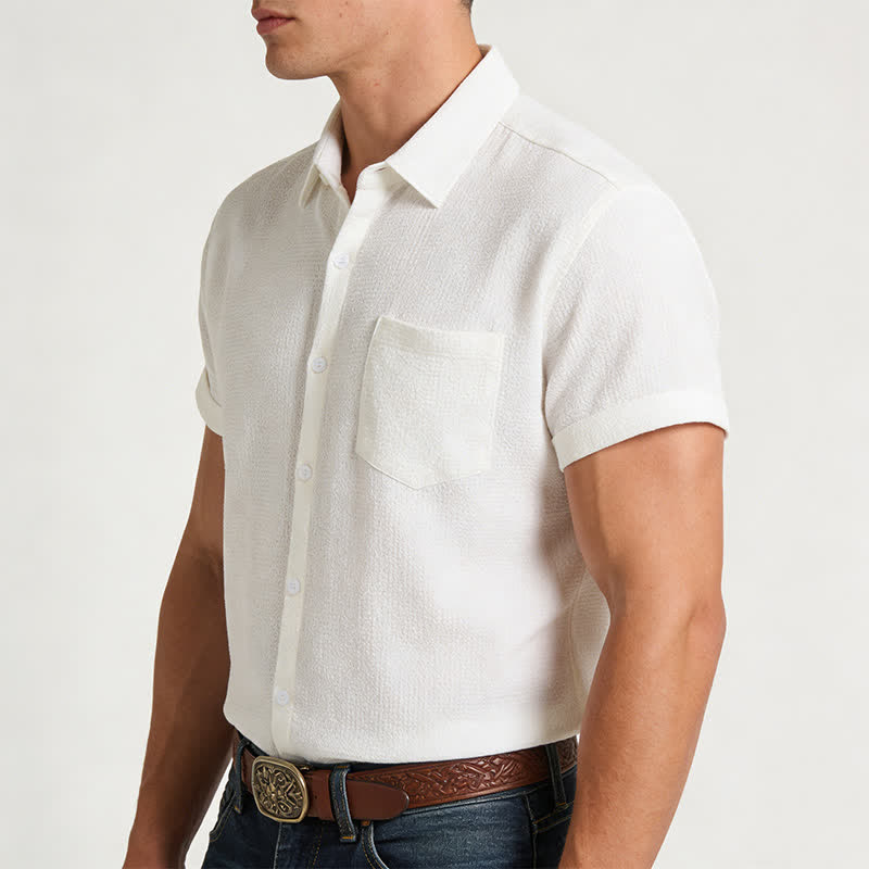 Camicia da uomo estiva a tinta unita con risvolto e taschino - image 2