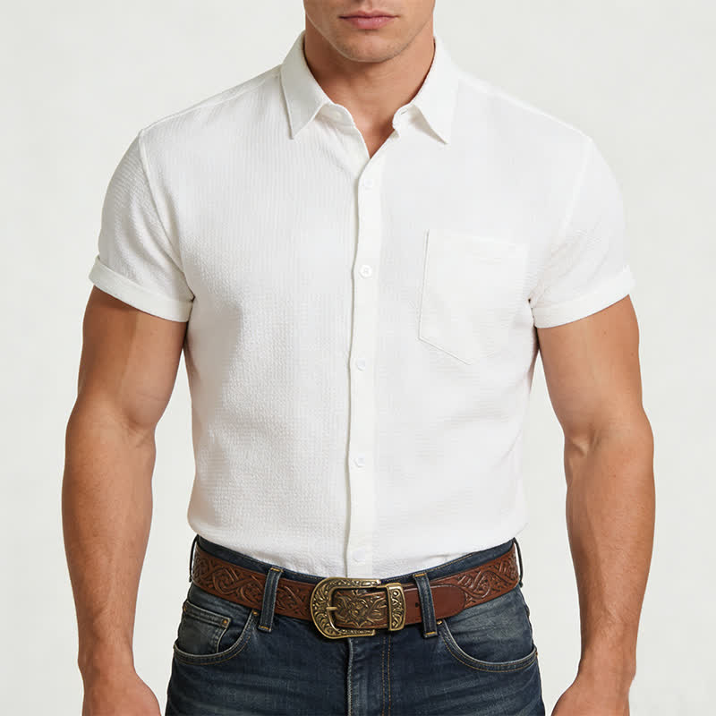 Camicia da uomo estiva a tinta unita con risvolto e taschino - image 1