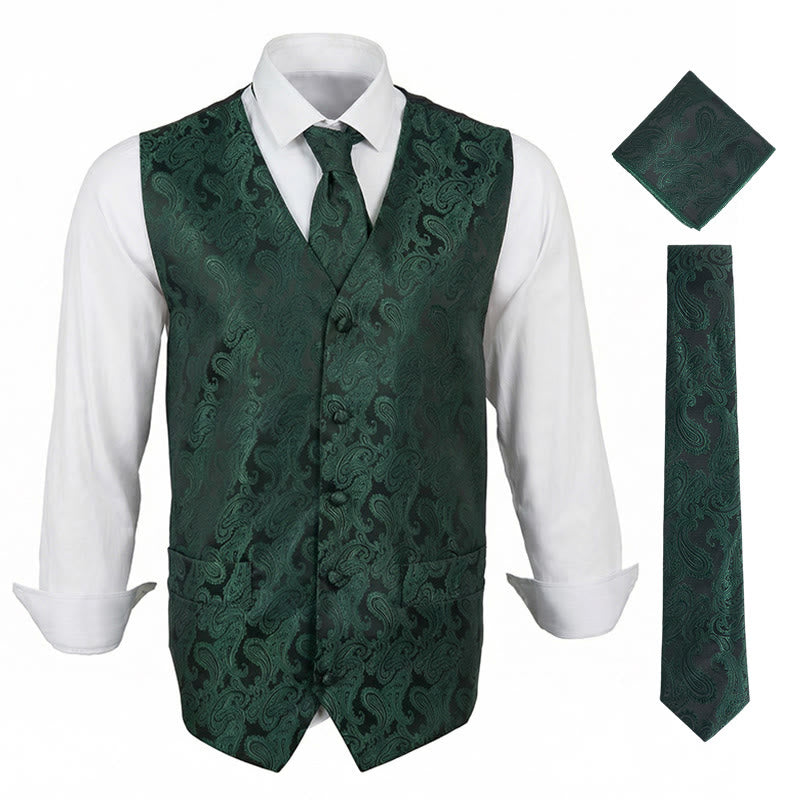 Completo da uomo elegante in jacquard con stampa paisley, composto da 3 pezzi: gilet e giacca. - Verde - 3XL - image 0