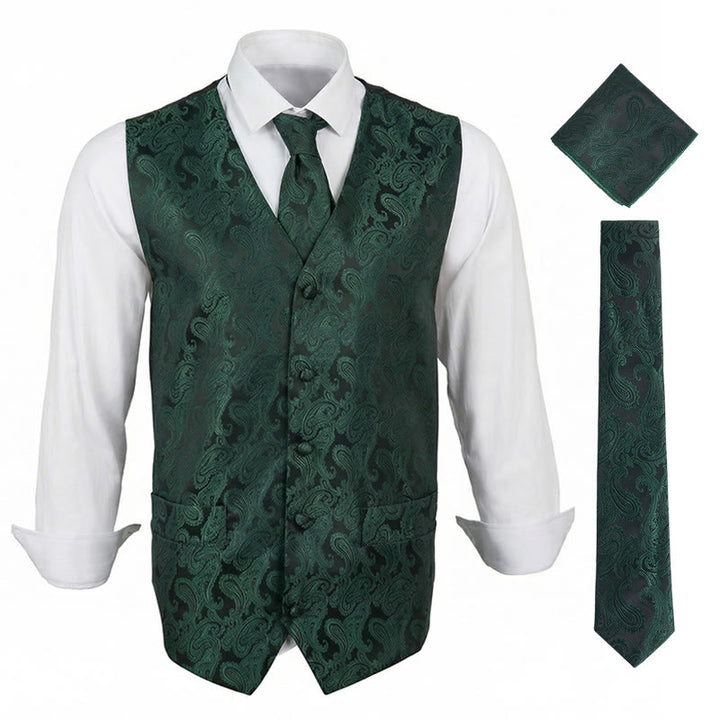 Completo da uomo elegante in jacquard con stampa paisley, composto da 3 pezzi: gilet e giacca. - Verde - 3XL - image 0