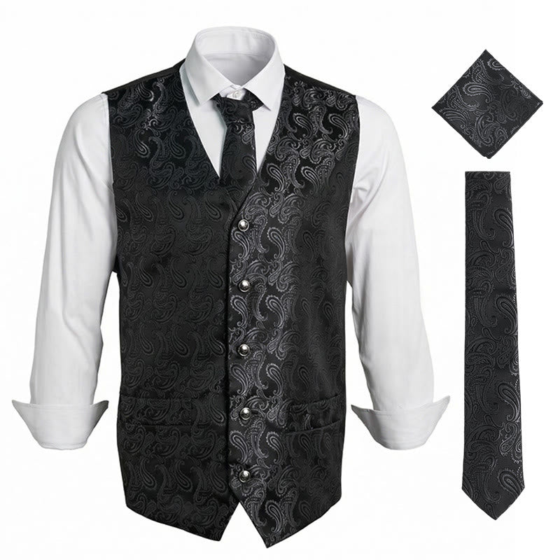 Completo da uomo elegante in jacquard con stampa paisley, composto da 3 pezzi: gilet e giacca. - Nero - 3XL - image 4