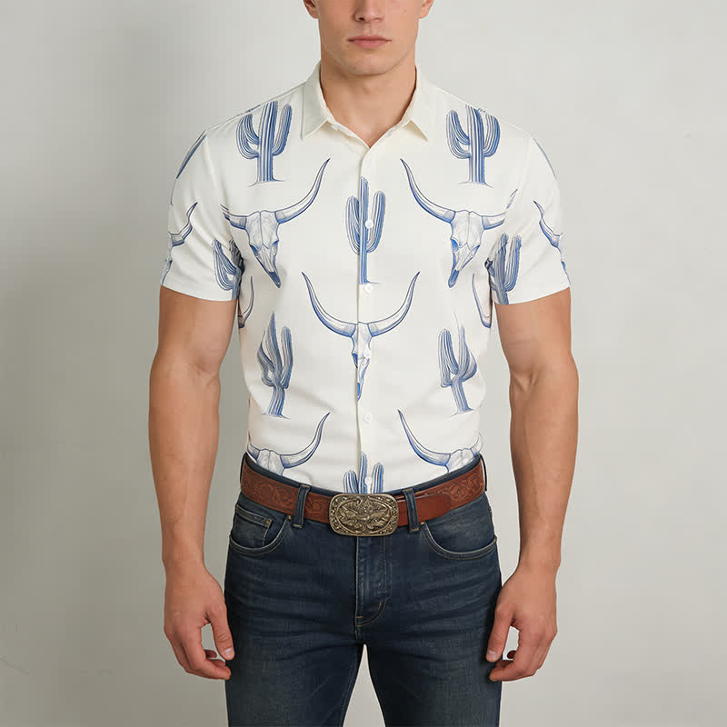 Camicia a maniche corte con stampa di cactus e testa di toro in stile ranch western - image 1