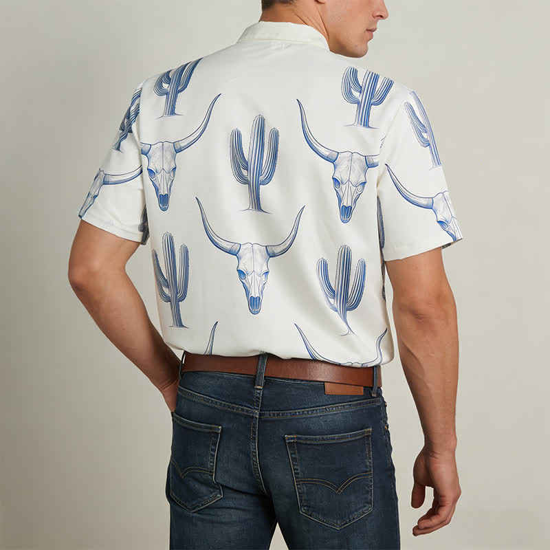 Camicia a maniche corte con stampa di cactus e testa di toro in stile ranch western - image 3