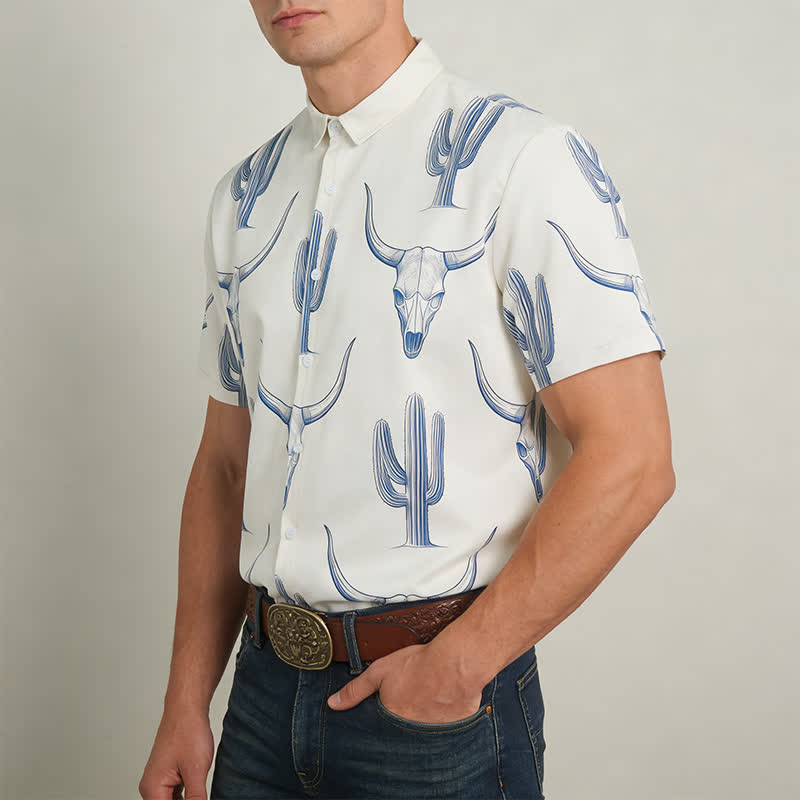 Camicia a maniche corte con stampa di cactus e testa di toro in stile ranch western - image 2