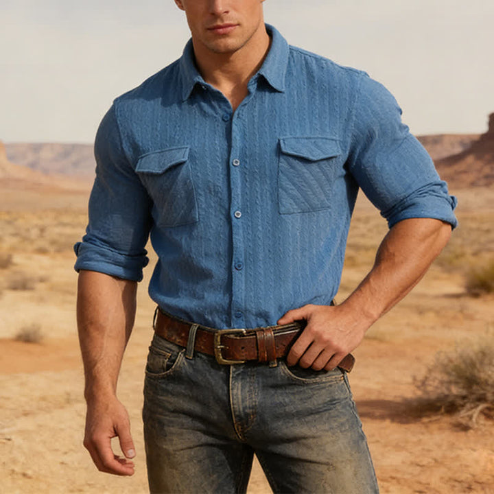 Camicia da lavoro a maniche lunghe da uomo in stile cowboy in stile retrò jacquard - Blu - 2XL - image 0