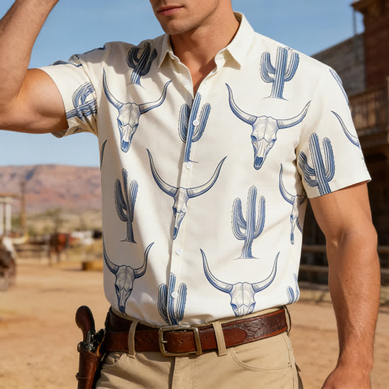 Camicia a maniche corte con stampa di cactus e testa di toro in stile ranch western - Testa di toro e cactus - 4XL - image 0