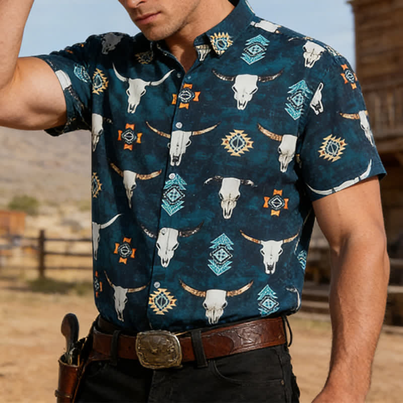 Camicia da uomo con stampa 3D di teschio di toro e motivi geometrici aztechi. - Verde acqua - 3XL - image 0
