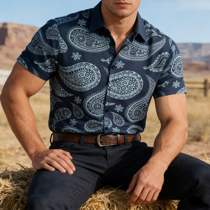 Camicia da uomo a maniche corte con colletto alla coreana e stampa paisley in stile western. - Marina - 5XL - image 0