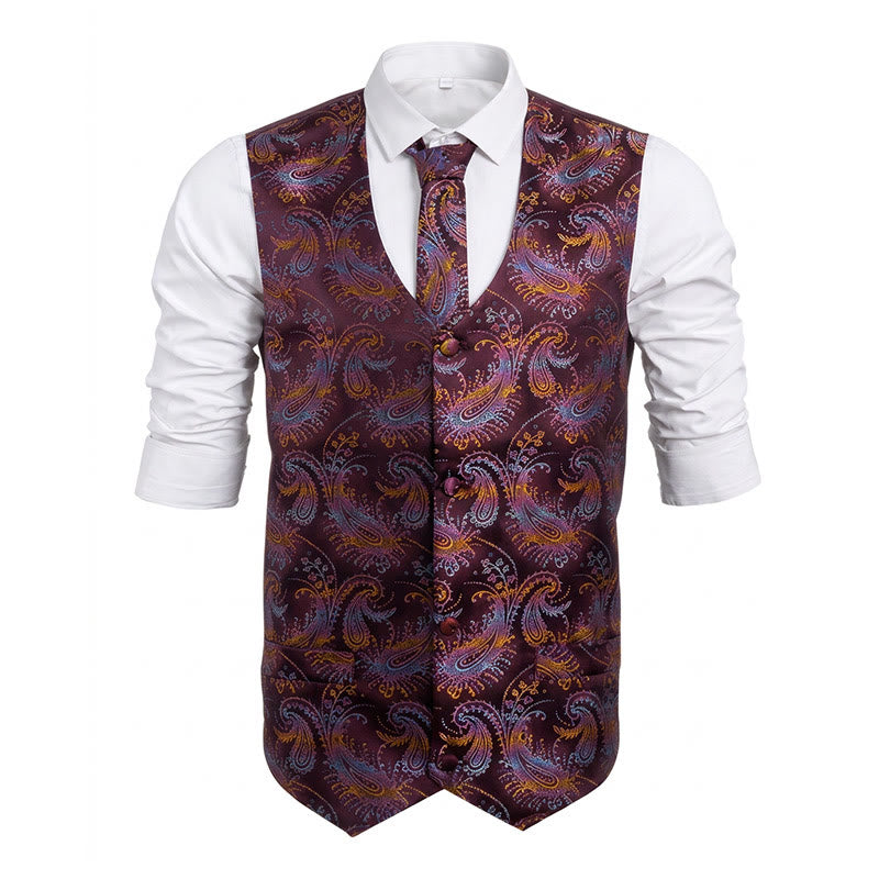 Completo da uomo composto da 3 pezzi con gilet elegante e fantasia paisley retrò. - Vino - 2XL - image 5