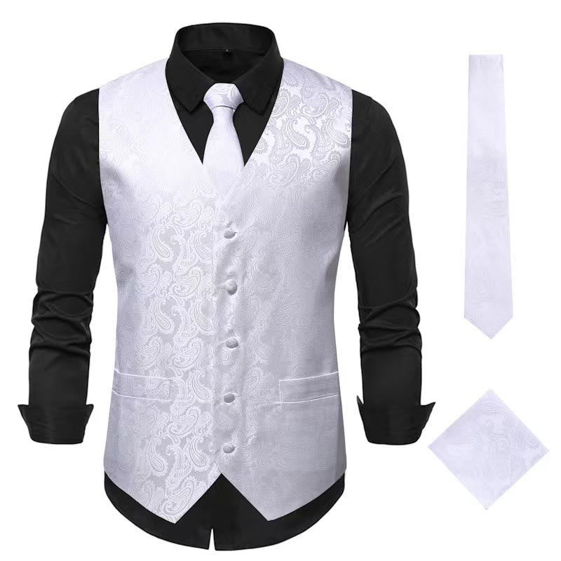 Completo da uomo elegante in jacquard con stampa paisley, composto da 3 pezzi: gilet e giacca. - Bianco - 3XL - image 5