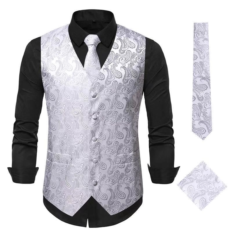 Completo da uomo elegante in jacquard con stampa paisley, composto da 3 pezzi: gilet e giacca. - Argento - 3XL - image 9