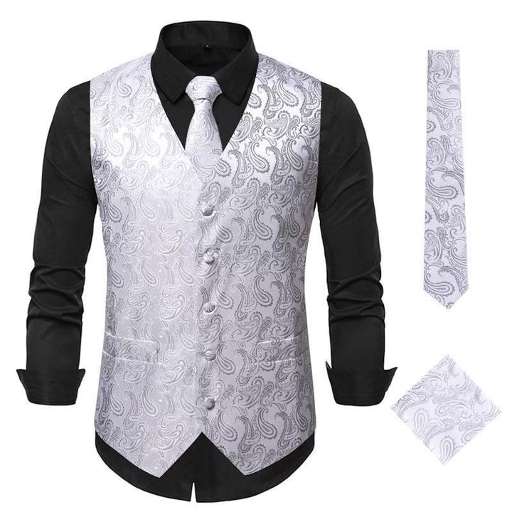 Completo da uomo elegante in jacquard con stampa paisley, composto da 3 pezzi: gilet e giacca. - Argento - 3XL - image 9