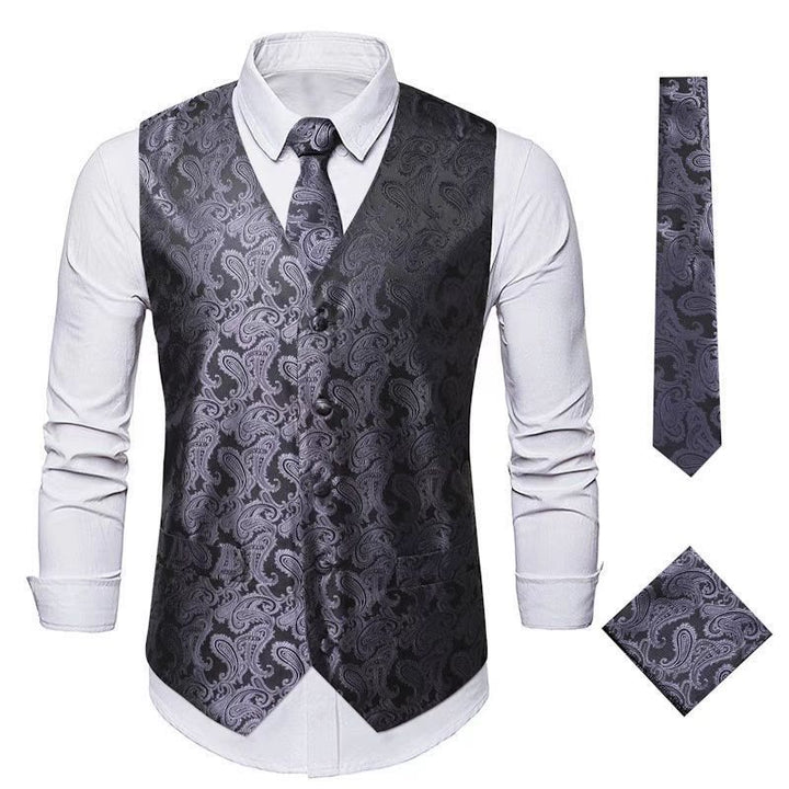 Completo da uomo elegante in jacquard con stampa paisley, composto da 3 pezzi: gilet e giacca. - Grigio scuro - 3XL - image 8