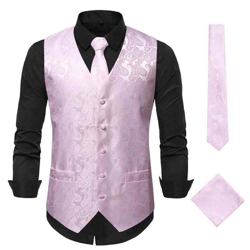 Completo da uomo elegante in jacquard con stampa paisley, composto da 3 pezzi: gilet e giacca. - Rosa - 3XL - image 6