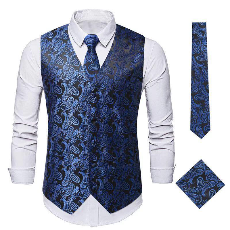 Completo da uomo elegante in jacquard con stampa paisley, composto da 3 pezzi: gilet e giacca. - Blu reale - 3XL - image 7