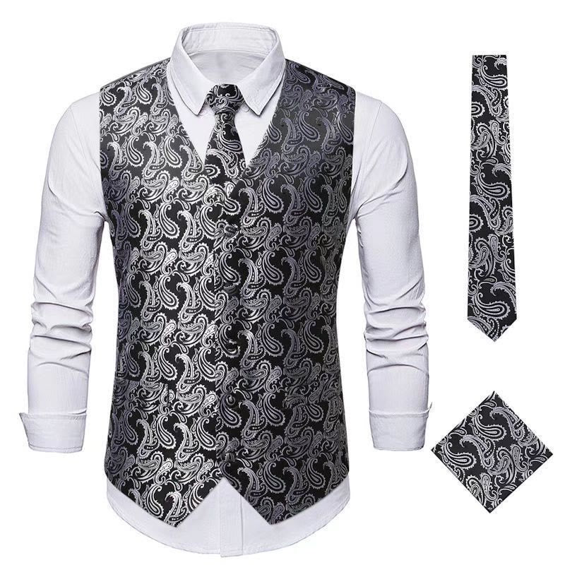 Completo da uomo elegante in jacquard con stampa paisley, composto da 3 pezzi: gilet e giacca. - Argento Nero - 3XL - image 10