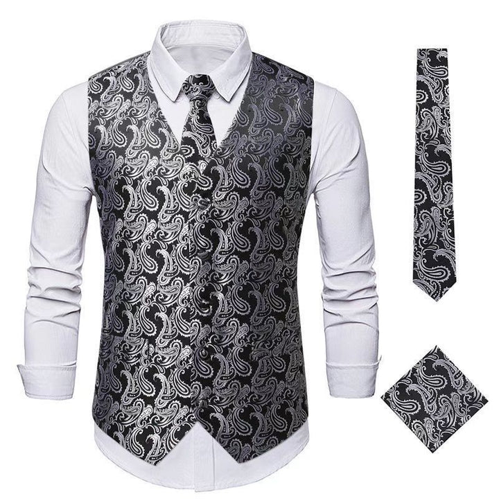 Completo da uomo elegante in jacquard con stampa paisley, composto da 3 pezzi: gilet e giacca. - Argento Nero - 3XL - image 10