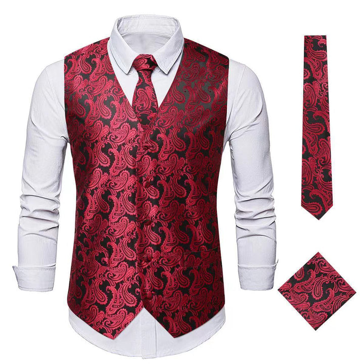 Completo da uomo elegante in jacquard con stampa paisley, composto da 3 pezzi: gilet e giacca. - Rosso - 3XL - image 11