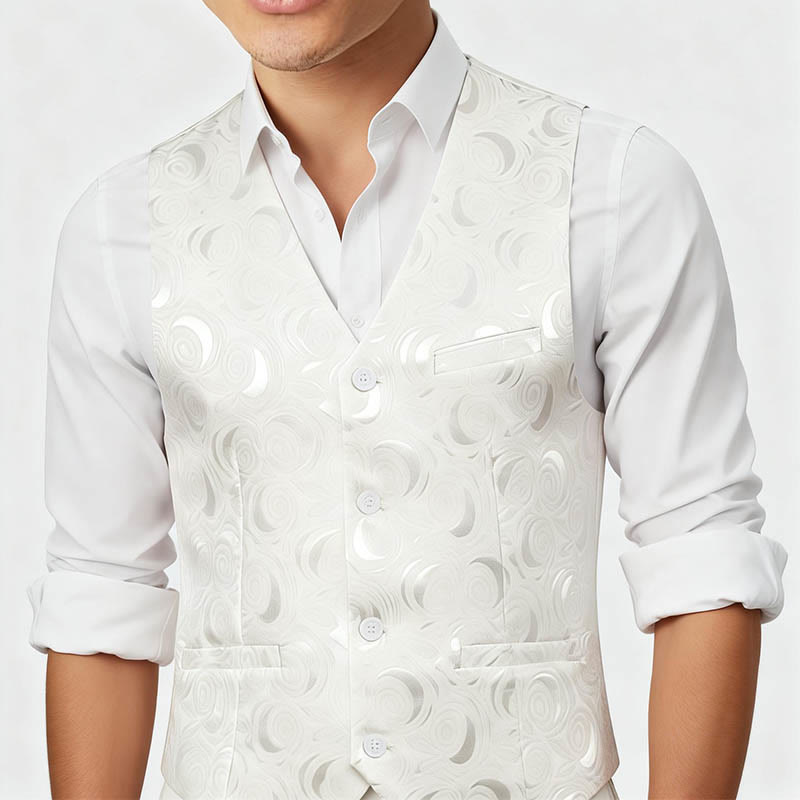 Gilet da uomo elegante in jacquard con motivo paisley e tre tasche, colore bianco. - image 2