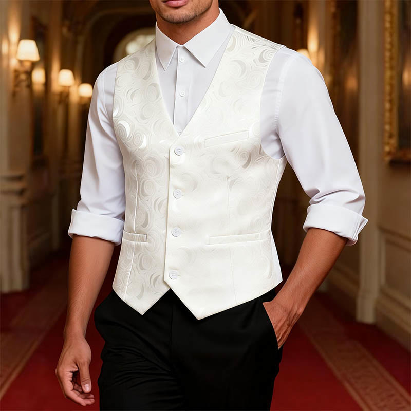 Gilet da uomo elegante in jacquard con motivo paisley e tre tasche, colore bianco. - image 1