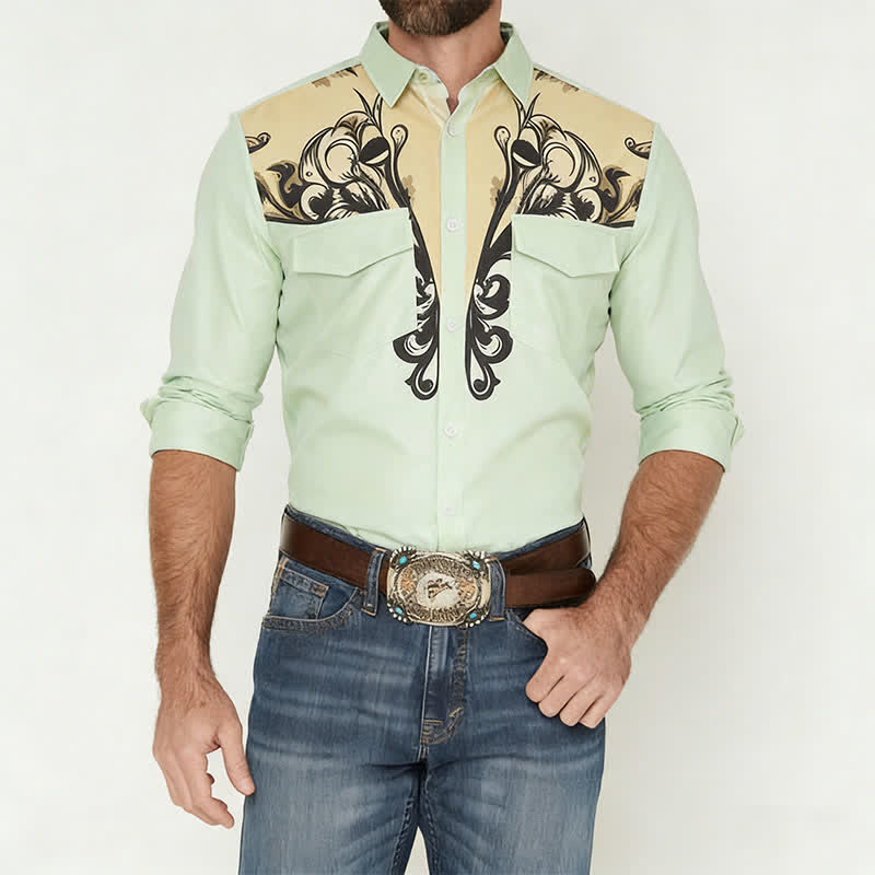Camicia da uomo a maniche lunghe in stile western con stampa 3D a volute barocche. - image 2