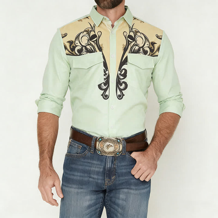 Camicia da uomo a maniche lunghe in stile western con stampa 3D a volute barocche. - image 2