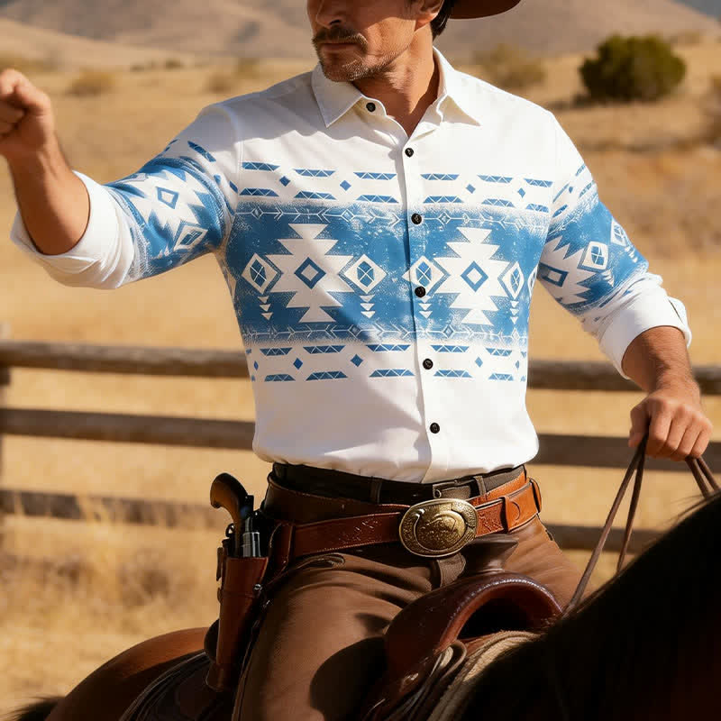 Camicia western da uomo con stampa geometrica azteca in stile sud-occidentale - Bianco - 3XL - image 0