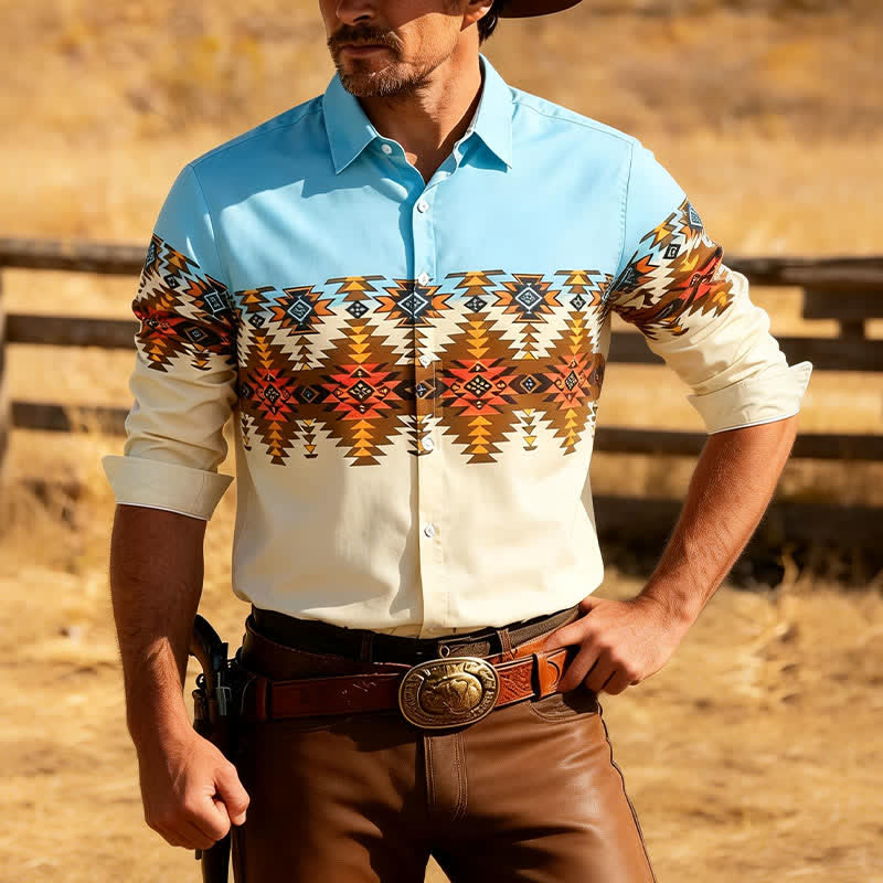 Camicia western da uomo con blocchi di colore e stampa azteca in stile sud-occidentale - Blu e kaki - 3XL - image 0