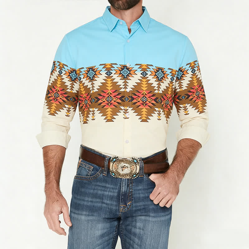 Camicia western da uomo con blocchi di colore e stampa azteca in stile sud-occidentale - image 1
