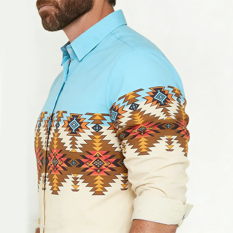 Camicia western da uomo con blocchi di colore e stampa azteca in stile sud-occidentale - image 3