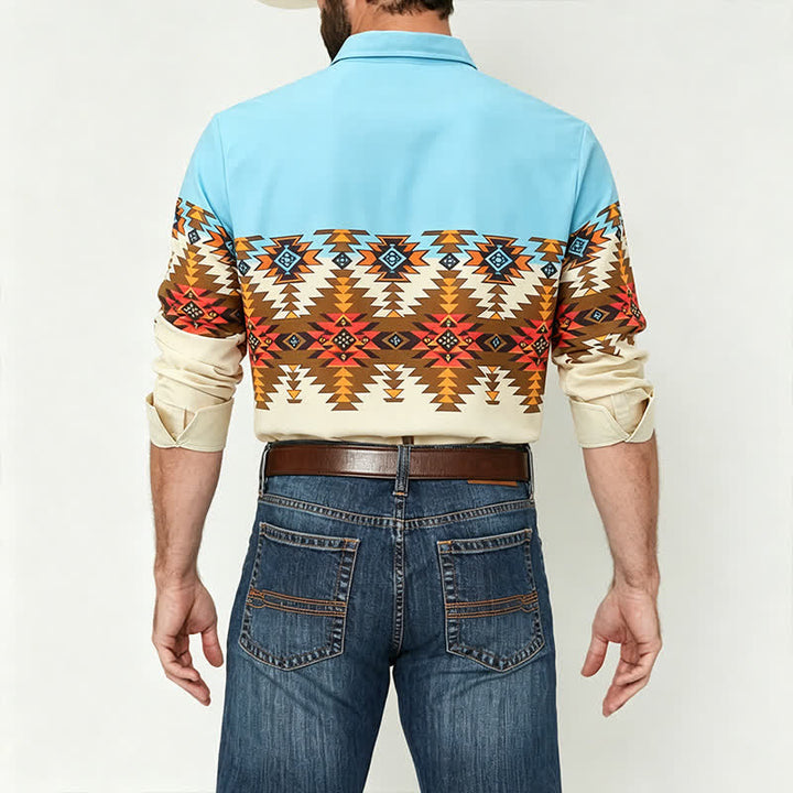 Camicia western da uomo con blocchi di colore e stampa azteca in stile sud-occidentale - image 2