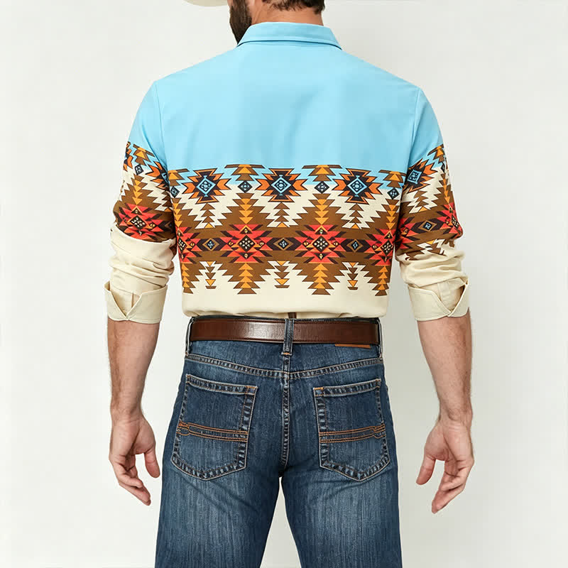 Camicia western da uomo con blocchi di colore e stampa azteca in stile sud-occidentale - image 2