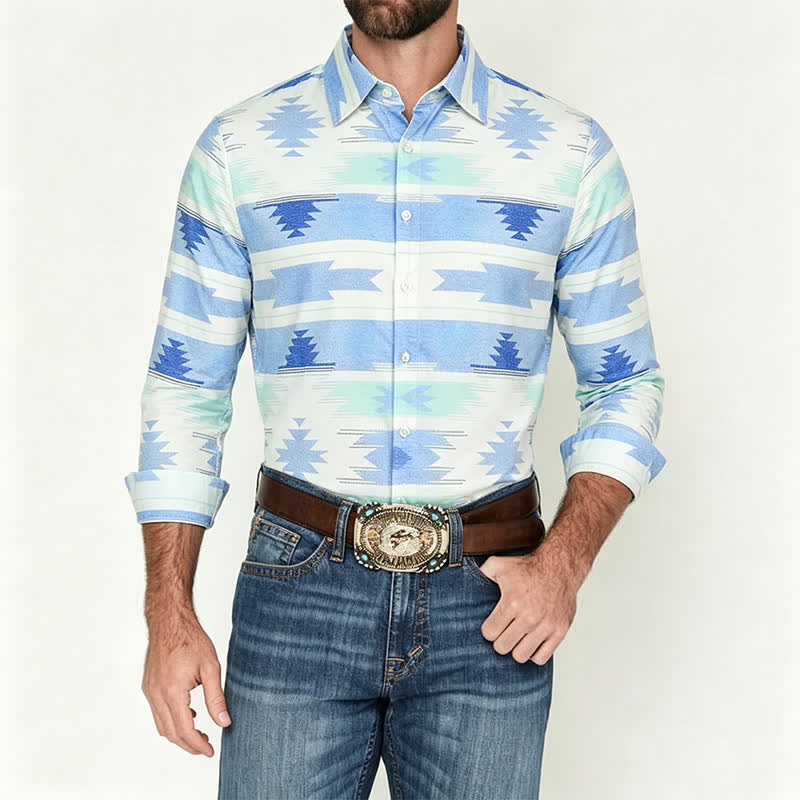 Camicia western da uomo azzurra con stampa geometrica azteca - image 1