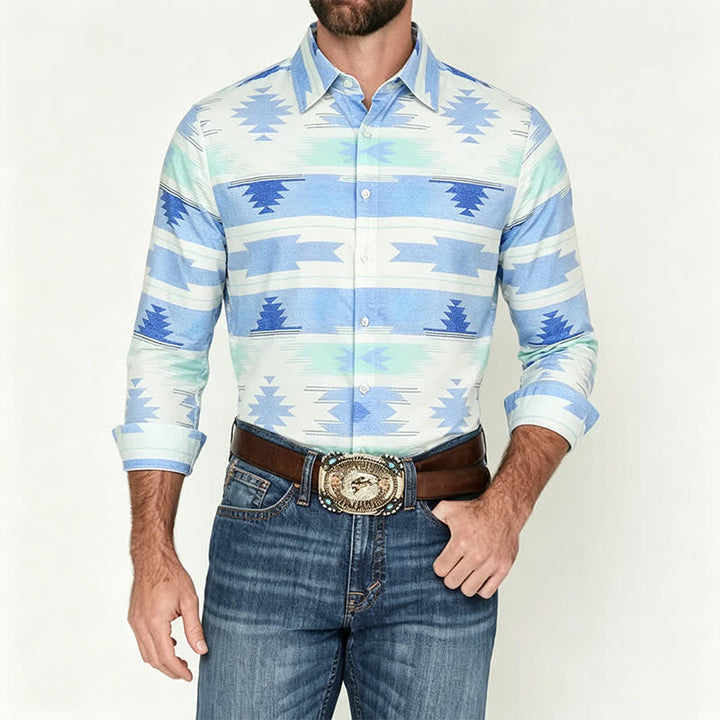 Camicia western da uomo azzurra con stampa geometrica azteca - image 1