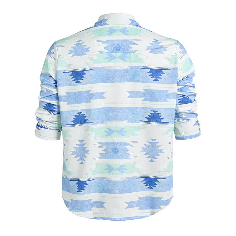 Camicia western da uomo azzurra con stampa geometrica azteca - image 5