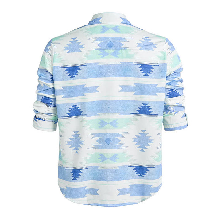 Camicia western da uomo azzurra con stampa geometrica azteca - image 5