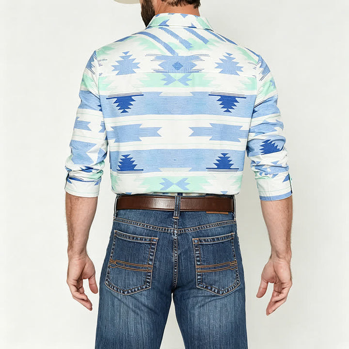 Camicia western da uomo azzurra con stampa geometrica azteca - image 2