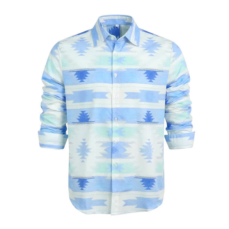 Camicia western da uomo azzurra con stampa geometrica azteca - image 4
