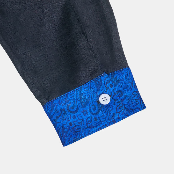 Camicia elegante da uomo nera e blu con motivo paisley e colletto a contrasto. - image 6