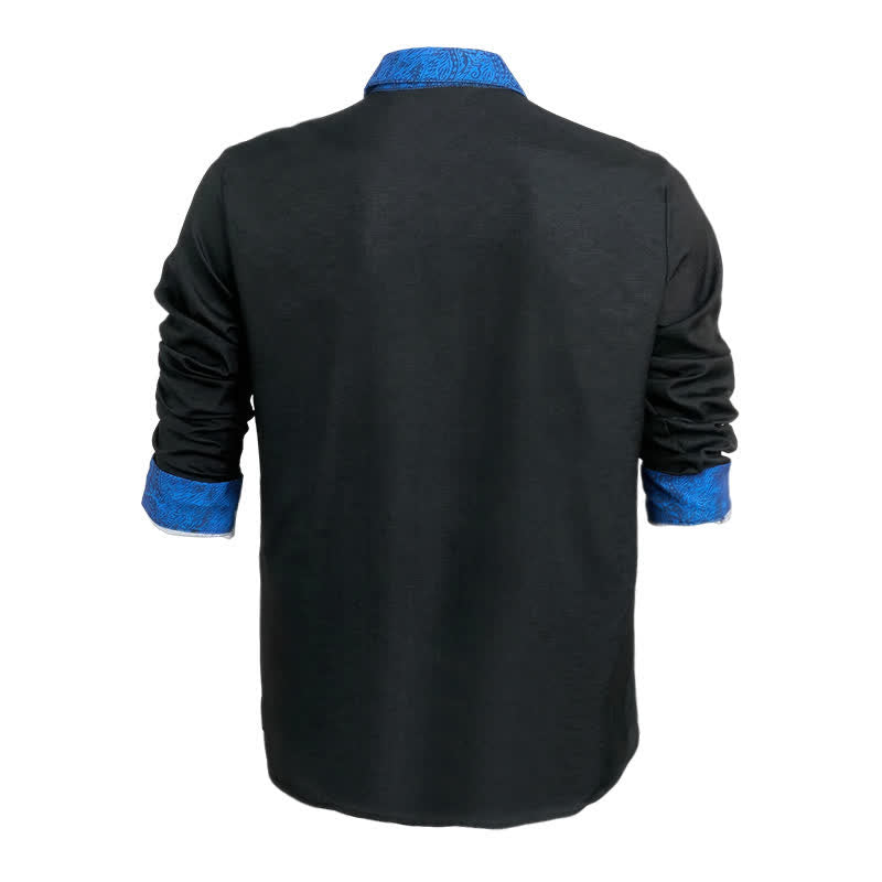 Camicia elegante da uomo nera e blu con motivo paisley e colletto a contrasto. - image 4