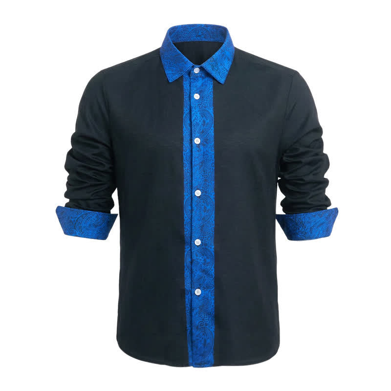 Camicia elegante da uomo nera e blu con motivo paisley e colletto a contrasto. - Nero e Blu - 6XL - image 0