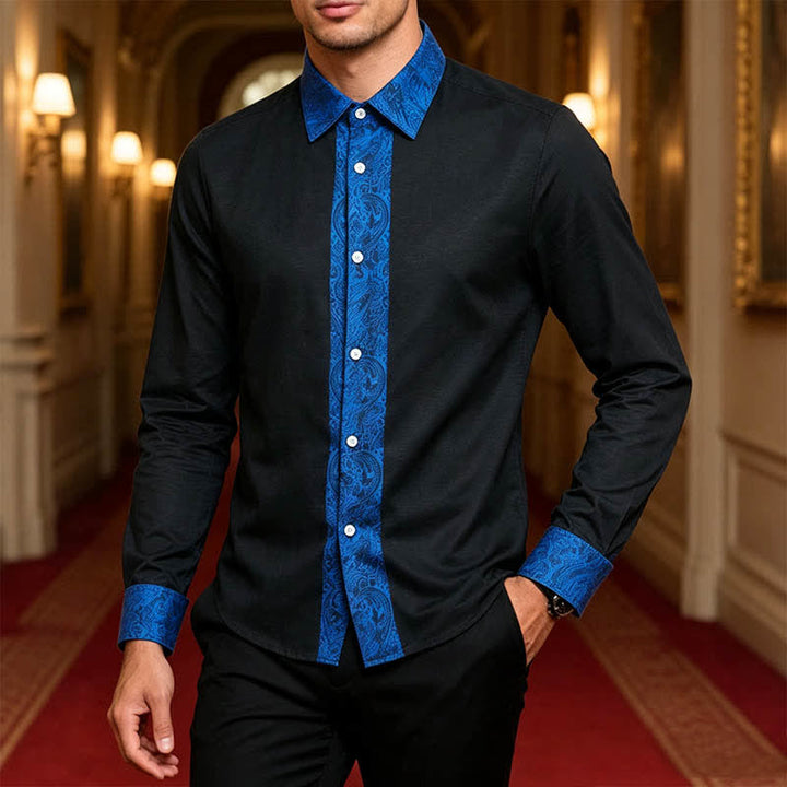 Camicia elegante da uomo nera e blu con motivo paisley e colletto a contrasto. - image 1