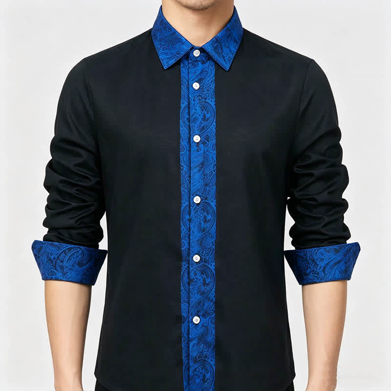Camicia elegante da uomo nera e blu con motivo paisley e colletto a contrasto. - image 3