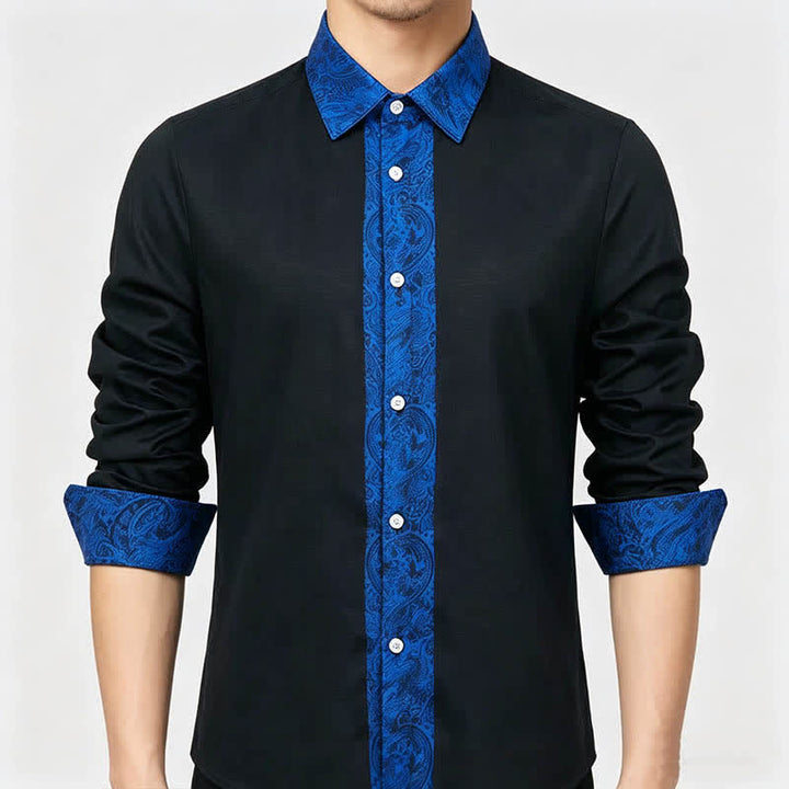 Camicia elegante da uomo nera e blu con motivo paisley e colletto a contrasto. - image 3