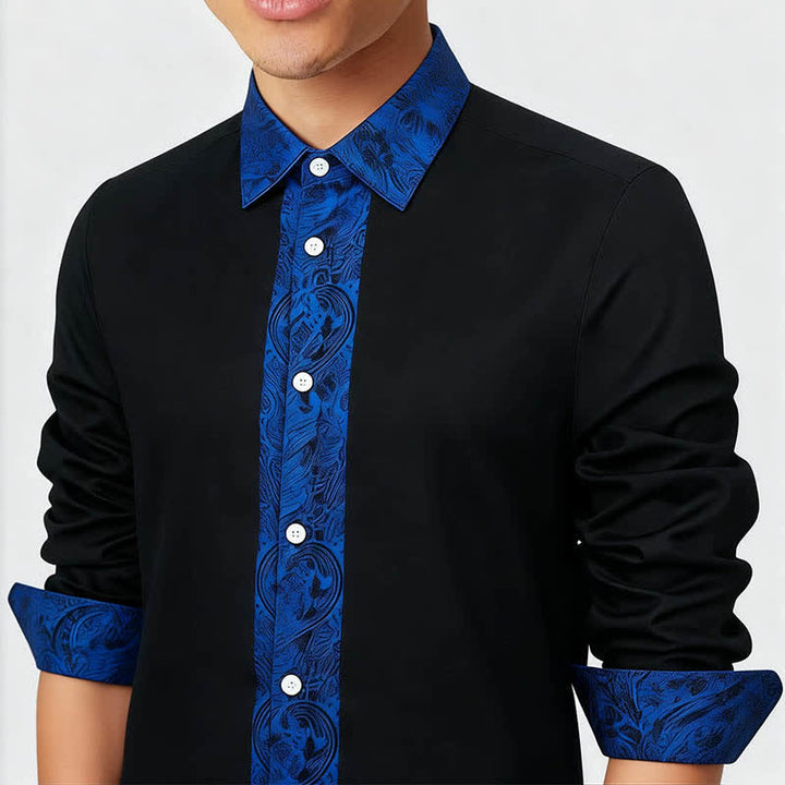 Camicia elegante da uomo nera e blu con motivo paisley e colletto a contrasto. - image 2