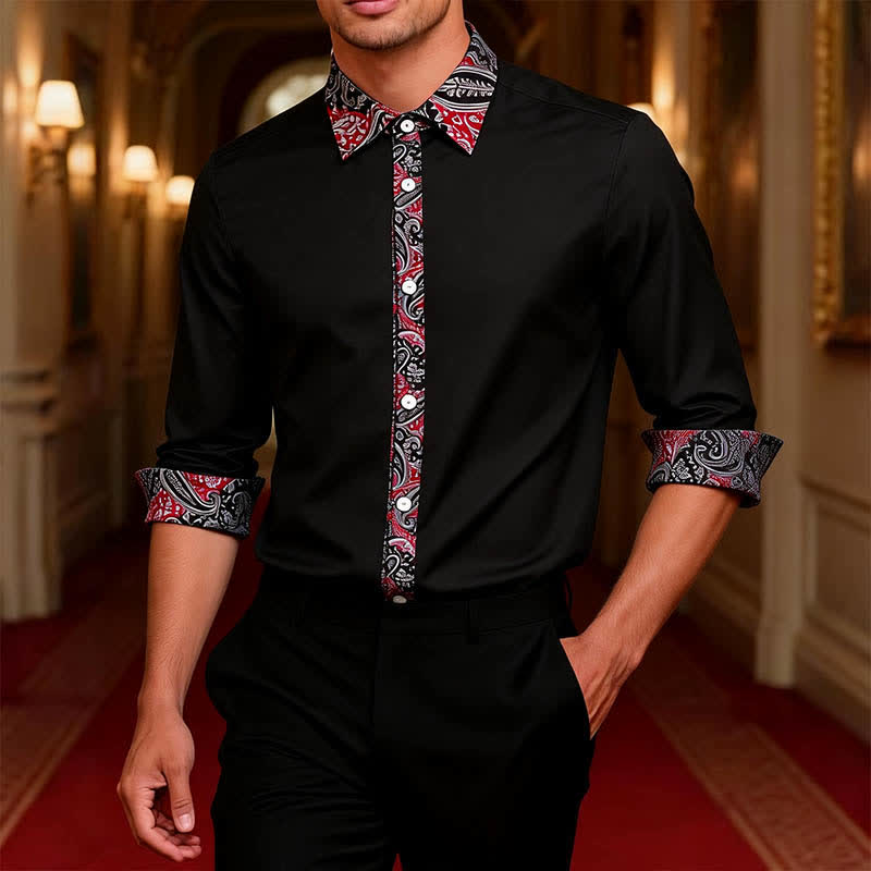 Camicia elegante da uomo con colletto a contrasto, fantasia paisley nera, rossa e grigia. - image 1