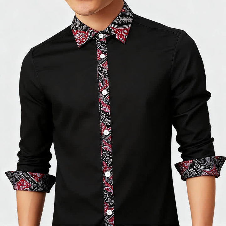 Camicia elegante da uomo con colletto a contrasto, fantasia paisley nera, rossa e grigia. - image 3