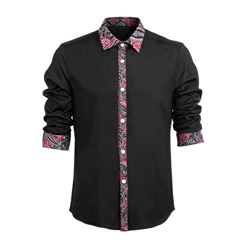Camicia elegante da uomo con colletto a contrasto, fantasia paisley nera, rossa e grigia. - Nero e rosso - 6XL - image 0